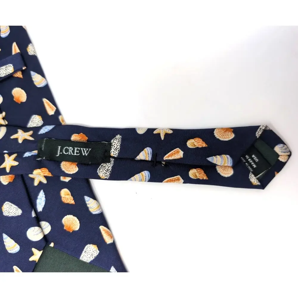 J. Crew Navy Blue Sea Shell Printed 100% Silk Neck Tie Made in USA Beach Coastal